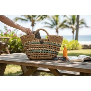 Cappelli Straworld Multicolor Straw Handbag Chocolate Brown Polka Dot Boho Chic